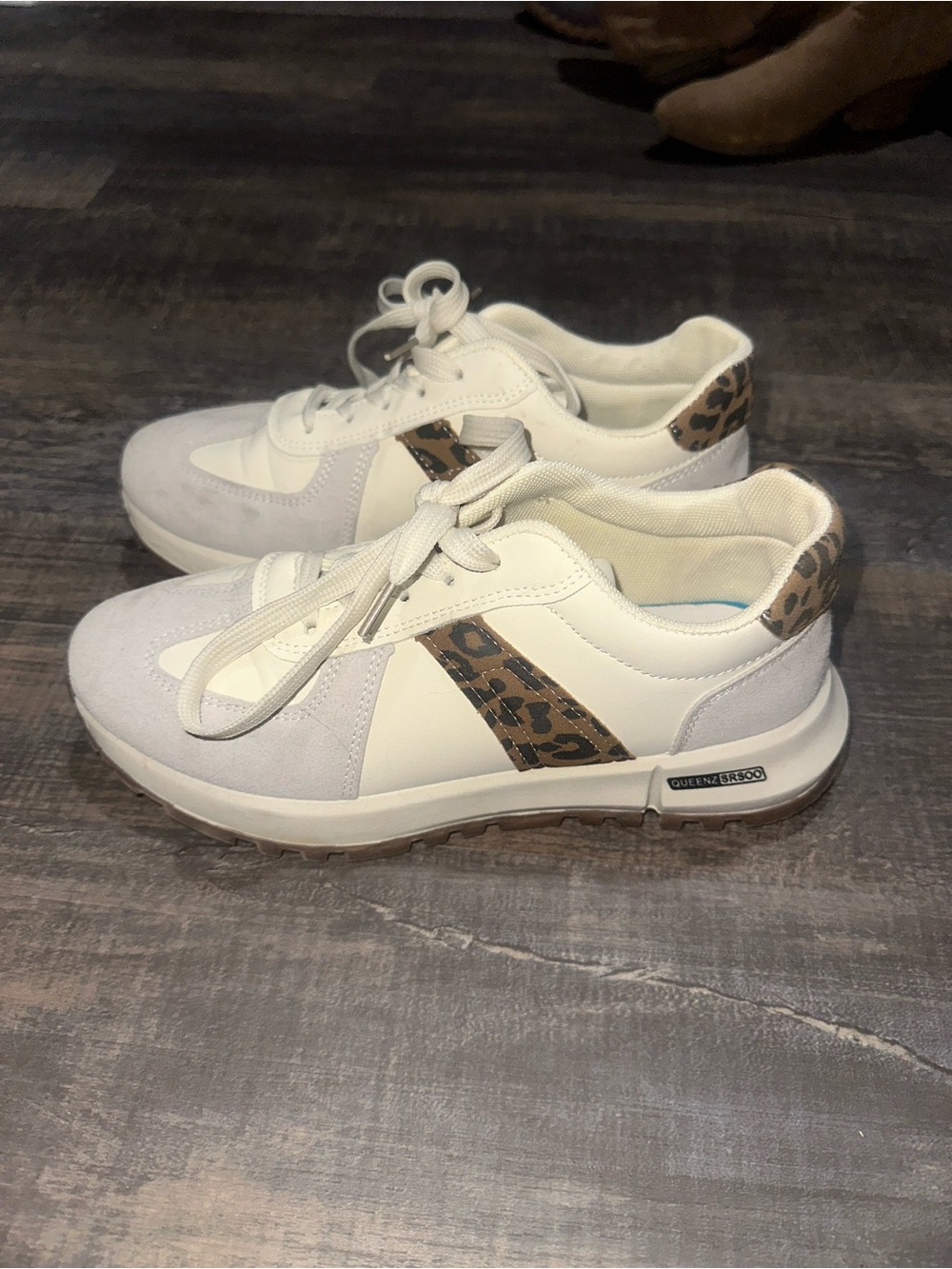 Women's White and Leopard Accent Casual Sneakers